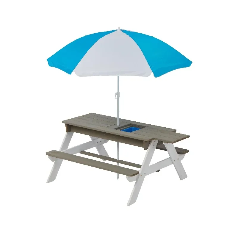 Wooden sand and water activity table with umbrella picnic table for children to play outdoors on the backyard patio or
