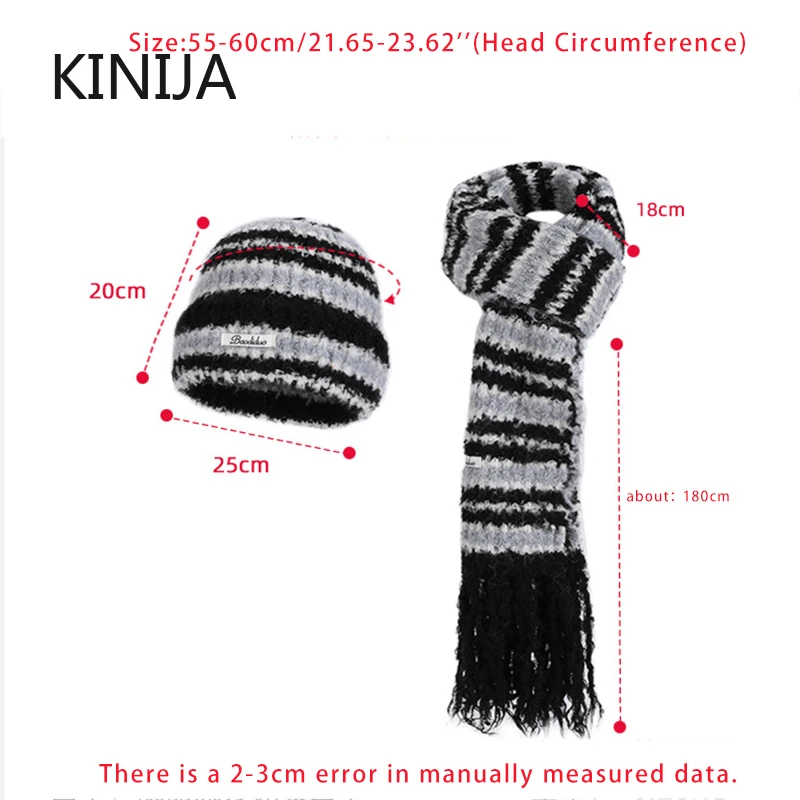 Korean Knitted Scarf Cap Sets with Wool Women Fashionable Stripes Hat Outdoor Windproof Riding Set Winter Thickened Warm Sets