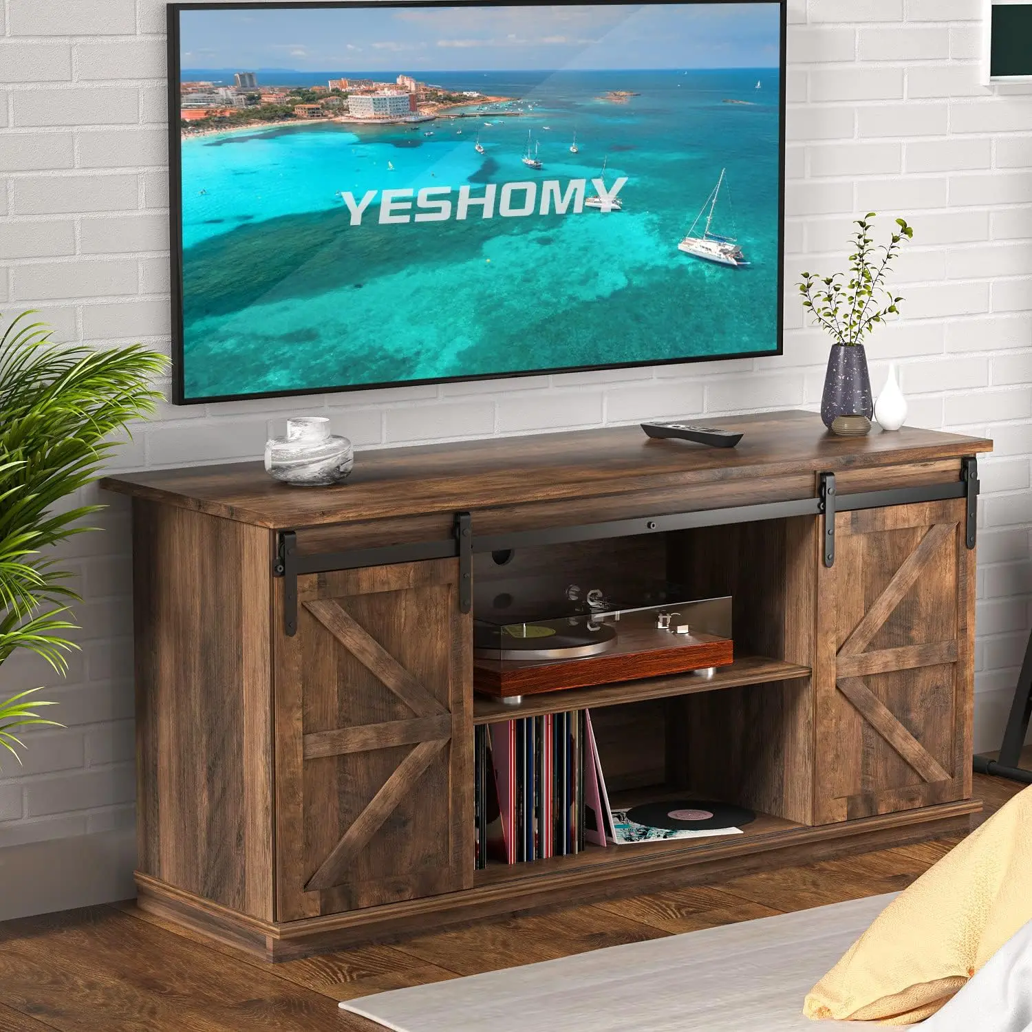 YESHOMY TV Stand for Televisions up to 65 Inchs, with Sliding Barn Doors and Storage Cabinets, Console Table and Media Furniture