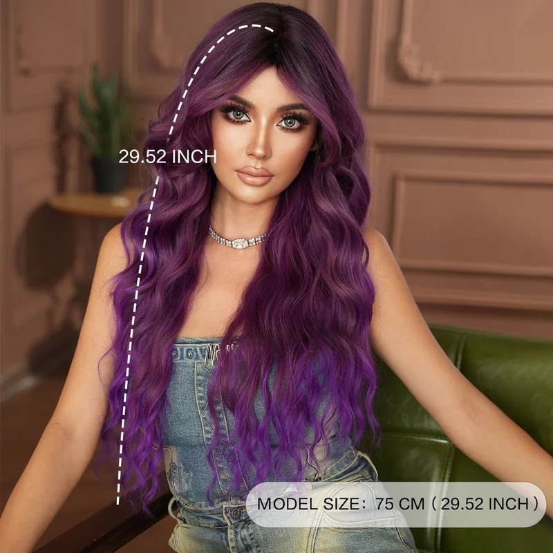 Monet purple  gradient long curly hair big waves naturally fluffy full head