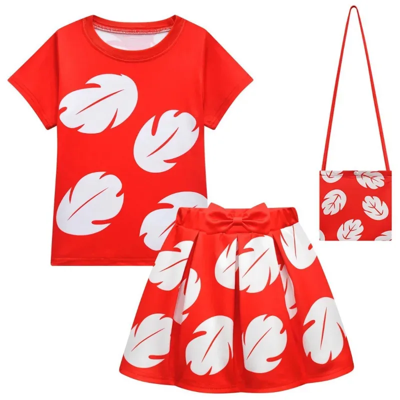 

Anime Lilo Tropical Two Cartoon Tops Skirt Bag for Girls Summer Hawaiian Red Leaf Pattern x;2,f;5.n;