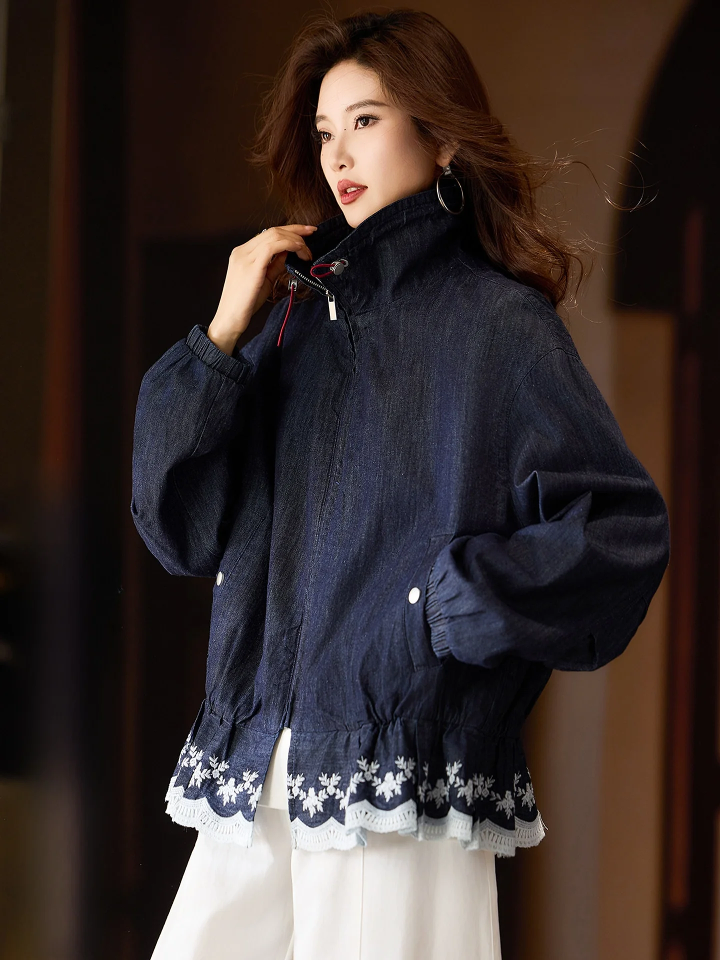 

Ele Embroidered Collar Patchwork Denim Jaet Women's Spring 2026 New Top European Sle plus Size Women's Streetwear