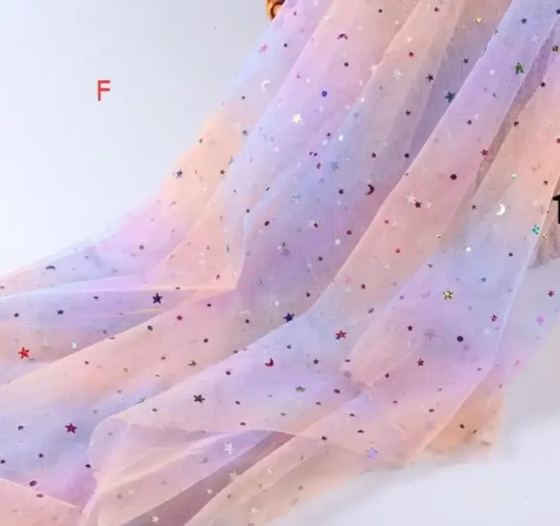 

Star moon Gradient Rainbow lace fabric Sequin Star Moon tulle Fabric For Baby Tutu Dress, Gowns, Wedding Veil, prom dresses