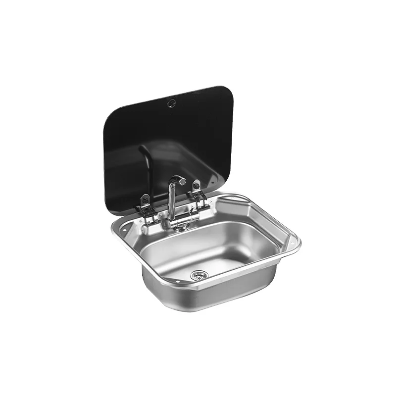 

GUANGRUN Stainless Steel SUS304 Sink Safe Glass Lid Foldable Faucet Waste Drainer RV Motorhome Caravan Kitchen Brass