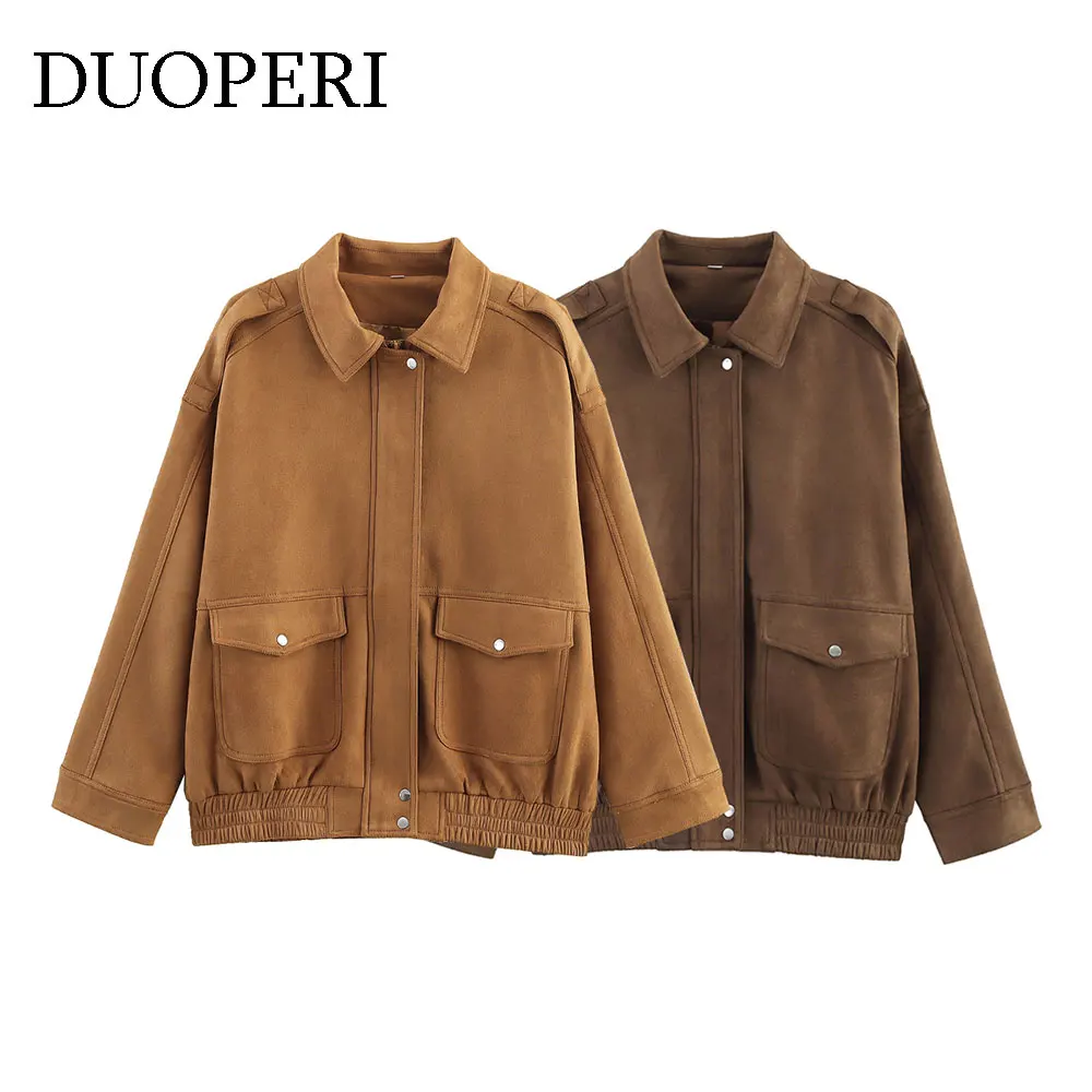 

DUOPERI Autumn Winter Women's Bomber Jackets Fashion With Pocket Solid Lapel Neck Long Sleeves Female Chic Lady Outfits