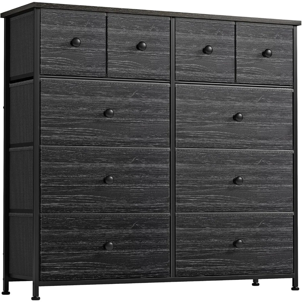 

10 Drawer Dresser for Bedroom Fabric Storage Tower Wide Black Dresser with Wood Top Sturdy Steel Frame Storage Organizer Unit