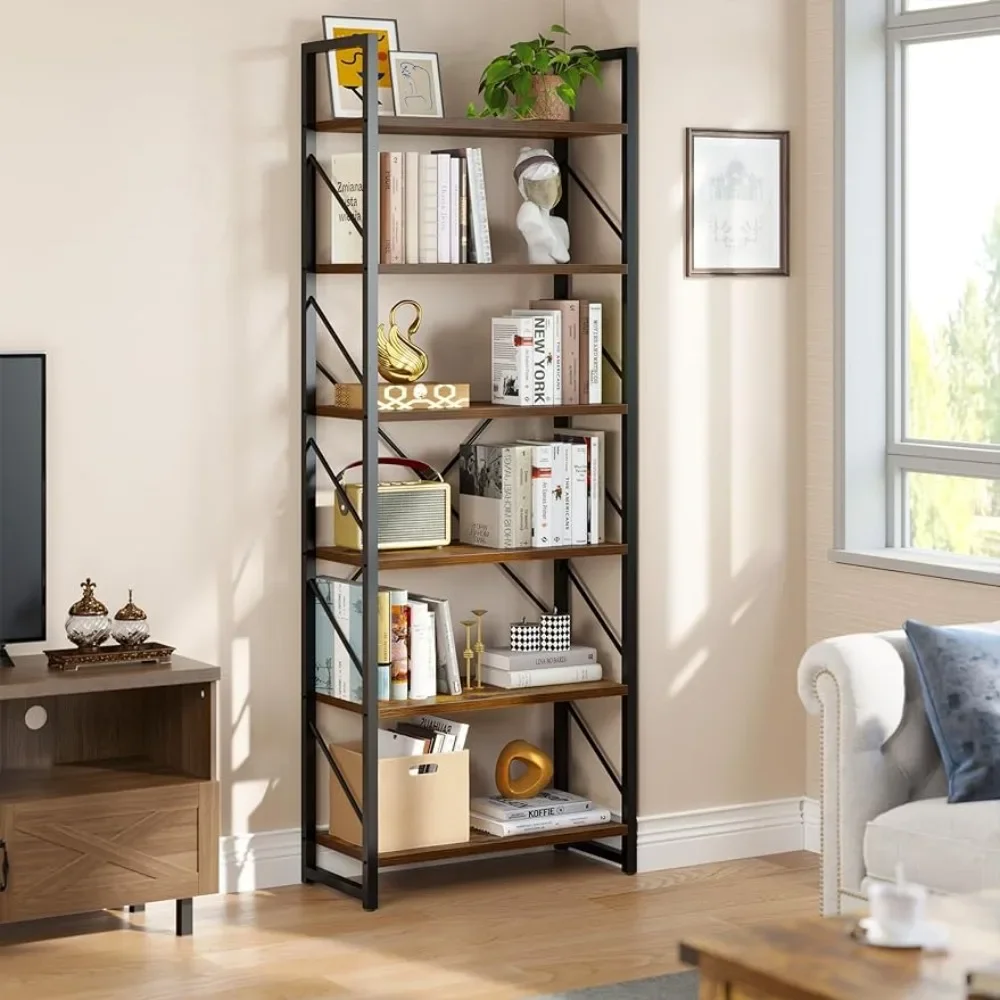 

Tall Bookshelf Industrial Book Shelf 6 Tier Bookcase Music Cds Organizer Rustic Brown Cd Furniture for Vinyl Records Dart Board