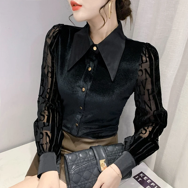 MadBlack elástica-Blusa de manga larga para mujer, camisa Sexy con cuello vuelto y botones, Tops de terciopelo ajustados, ropa europea de verano, T38430JM