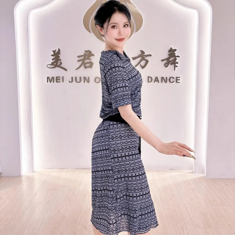 Customized Swegal Belly Dance Costumes Practice Dress Grey Blue Mesh Small Collar Loose Robe 4 Piece Set Exotic Dancewear