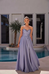 Satin Sweetheart Pleated Corset Evening Dress With Split Sparkly Sequin Backless Prom Gowns A-line Sleeveless Formal Ball Gowns