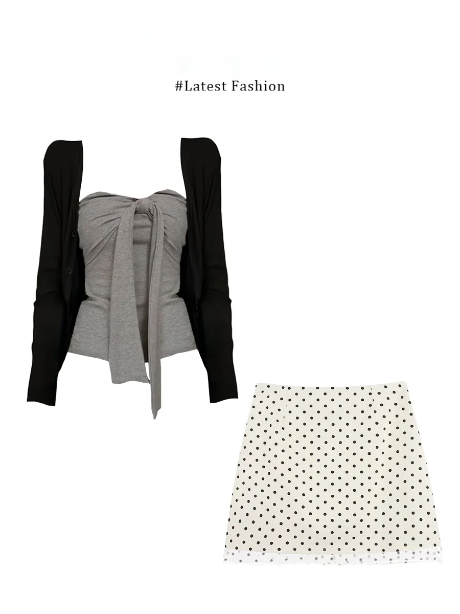 Korean Style Sweet Stripe Halter Neck Open Cardigan And Polka Dot  Skirt Women's Fashion Set Casual Spring Outfit