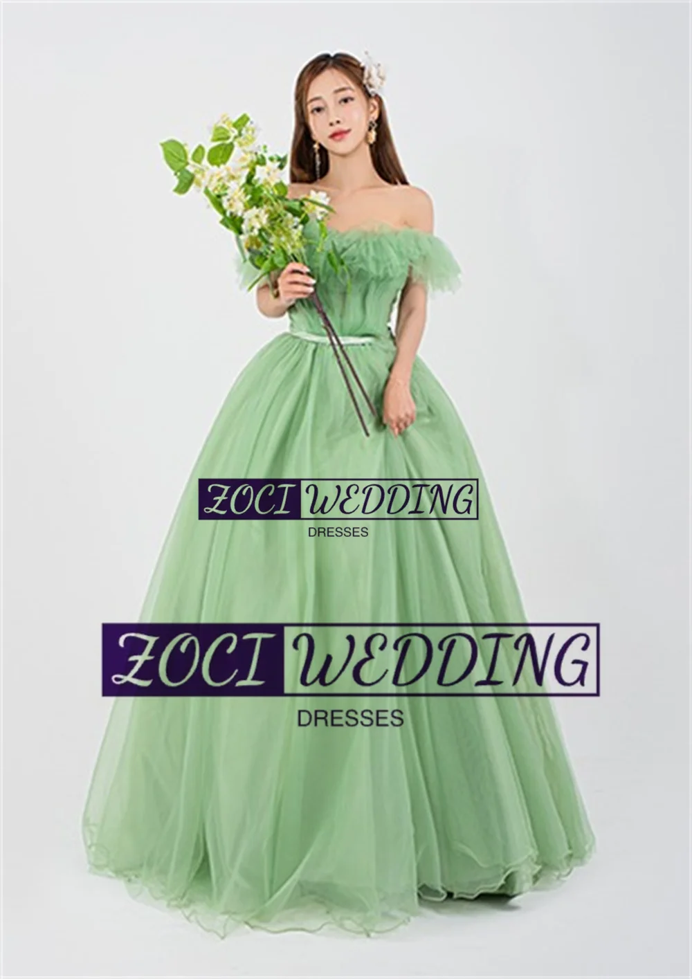 Zoci Elegant Green Korea Wedding Dresses Off Shoulder Ruffles Customized Photos Shoot Dress Belt A Line Bride Reception Dress
