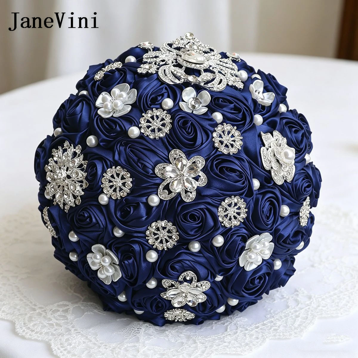 JaneVini Navy Blue Luxury Crystal Bridal Bouquet Satin Rose Rhinestone Wedding Holding Flowers Pearl Brooch Bouquet For Bride