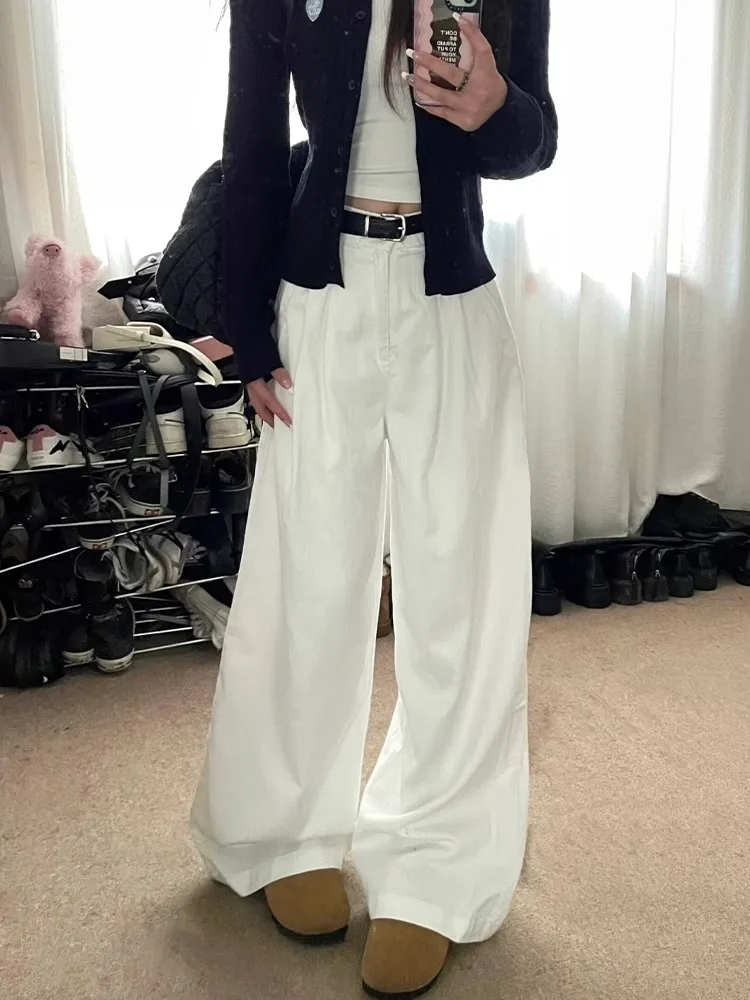 하이웨이스트 청바지 여성용 하이웨이스트 스트레이트 핏 여성용 백색 주름 드레이프 슬림핏 바닥에 닿는 직선형 청바지 데님 팬츠