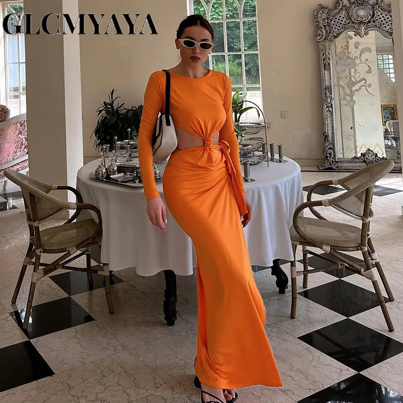 

GLCMYAYA Long Sleeve Backless Bandage Spliced Women O-Neck Expose Waist Slim Dress 2023 High Side Slit Sexy Solid A-LINE Dresses