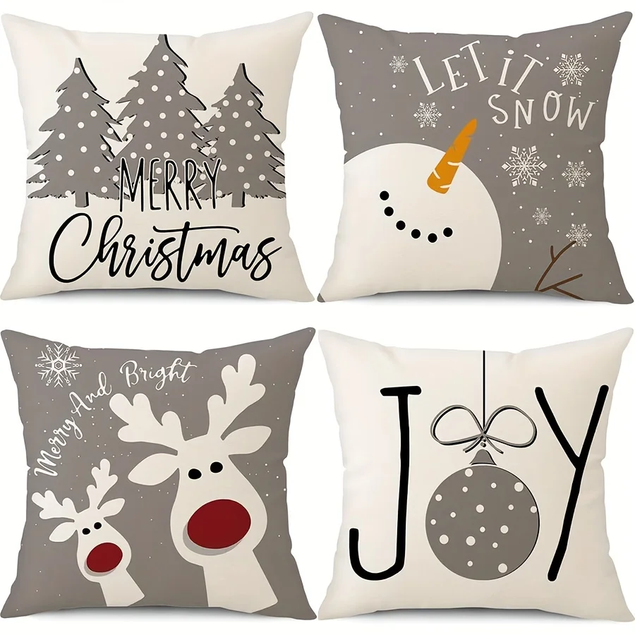 4pcs Christmas Pillow Covers,Snowman, Reindeer & Tree Design for Winter Holiday Decor,Sofa Cushion Covers (Inserts Not Included)
