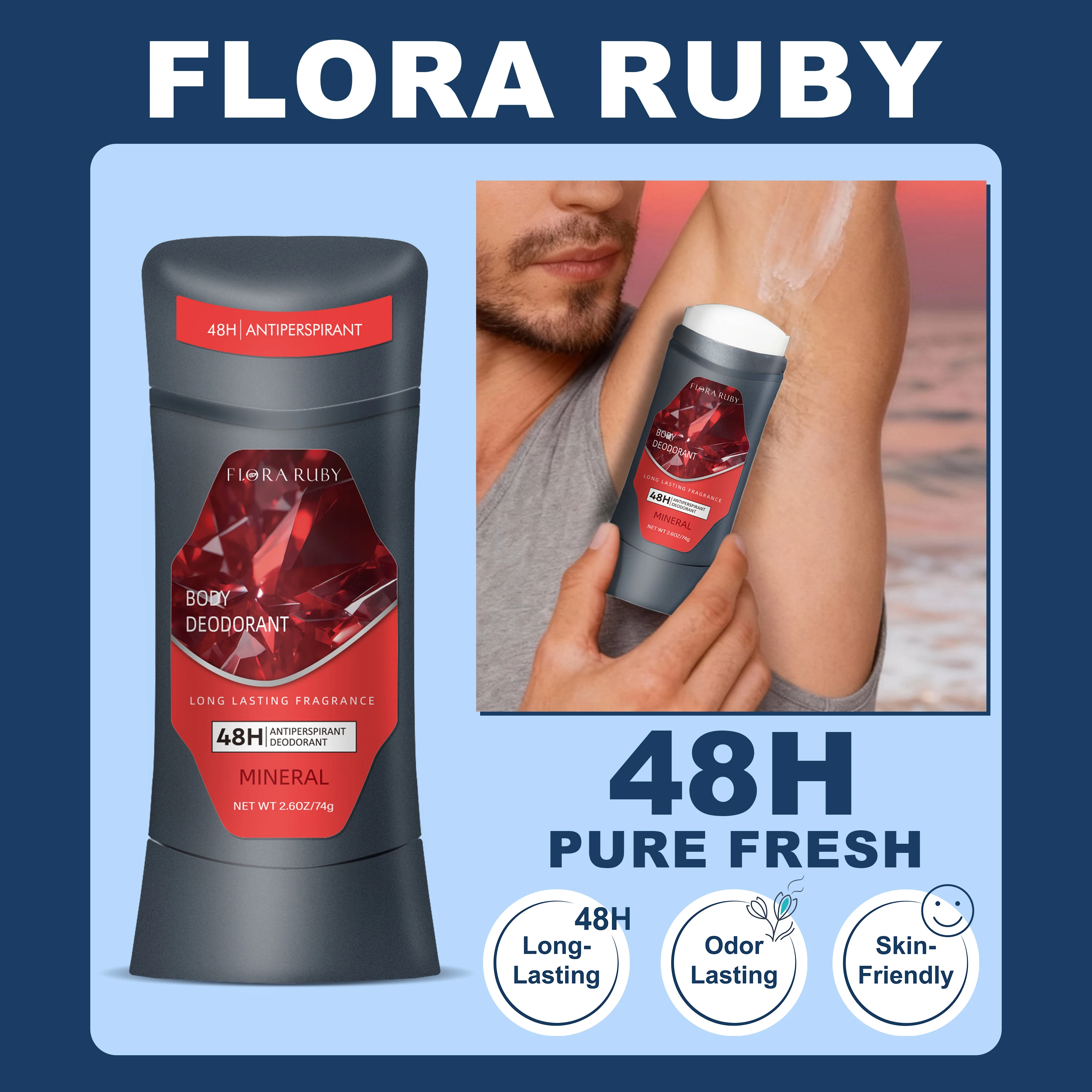 

Flora Ruby antiperspirant deodorant stick，74g each,48h sweat protection,long lasting fragrance, skin friendly, use for wholebody