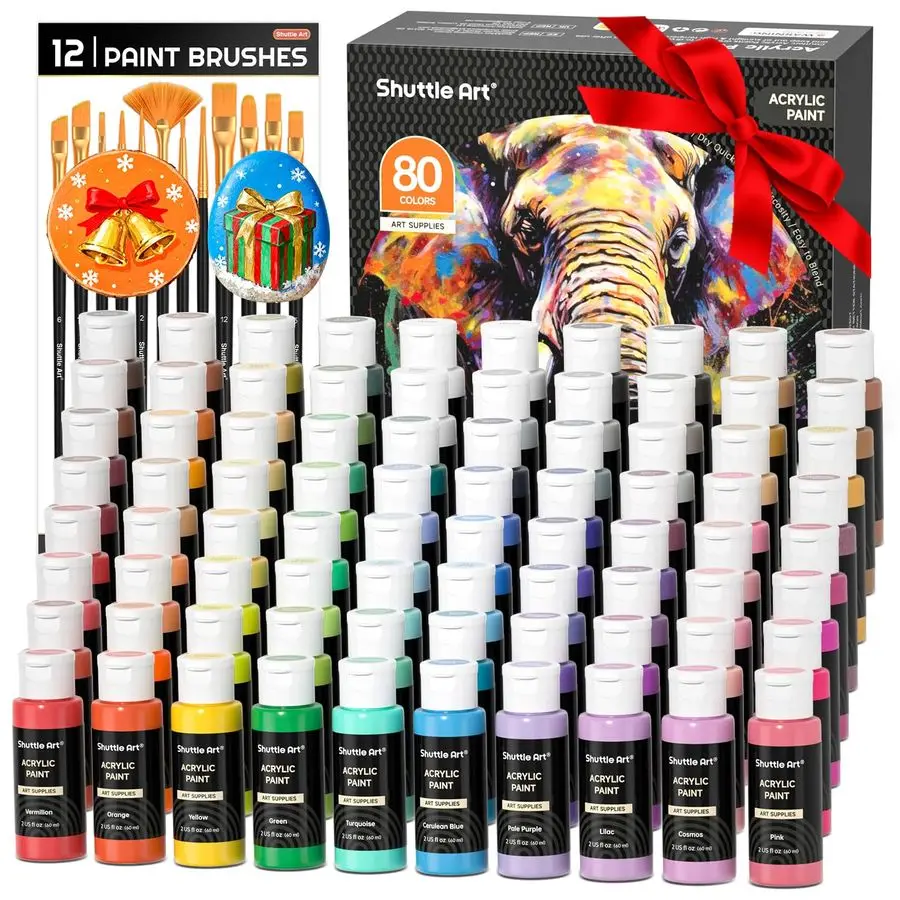 

80 Colors Acrylic Paint, Acrylic Paint set with 12 Paint Brushes, 2oz 60ml Bottles, Rich Pigmented, Premium Paints for Artists,