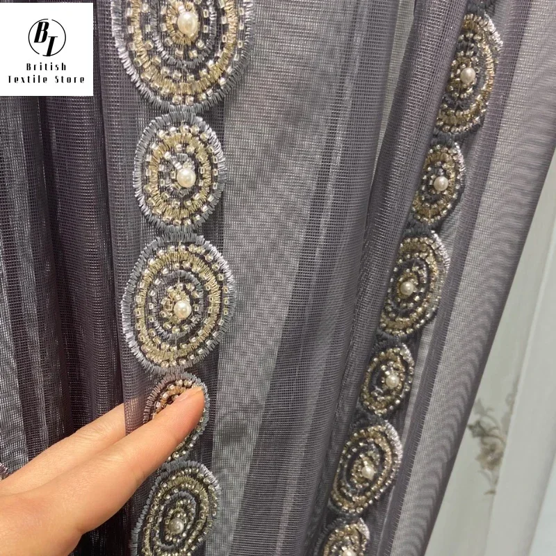 

Gray Embroidered Curtains for Living Room Bedroom Dining Pearl Gauze Luxury Modern European Breathable Tulle Sheer Curtains