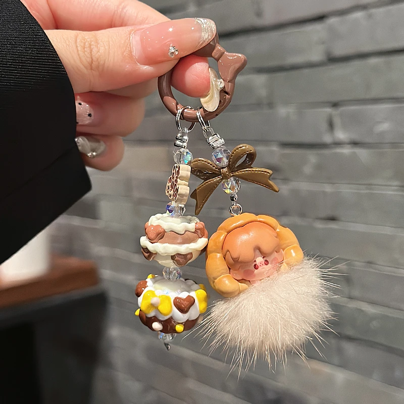 New Pop Bean Baked Bread Diy Molly Labubu Fluffy Plush Ball Phone Chain Student Cute Keychain Girl Bag Cars Key Pendant for Gift