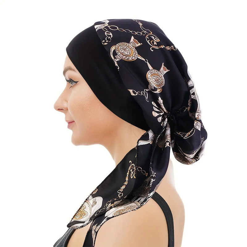 Classic Chain Printed Turban Hats Lightweight Elastic Head Wraps Breathable Chemo Cap Ramadan Headscarf For Women
