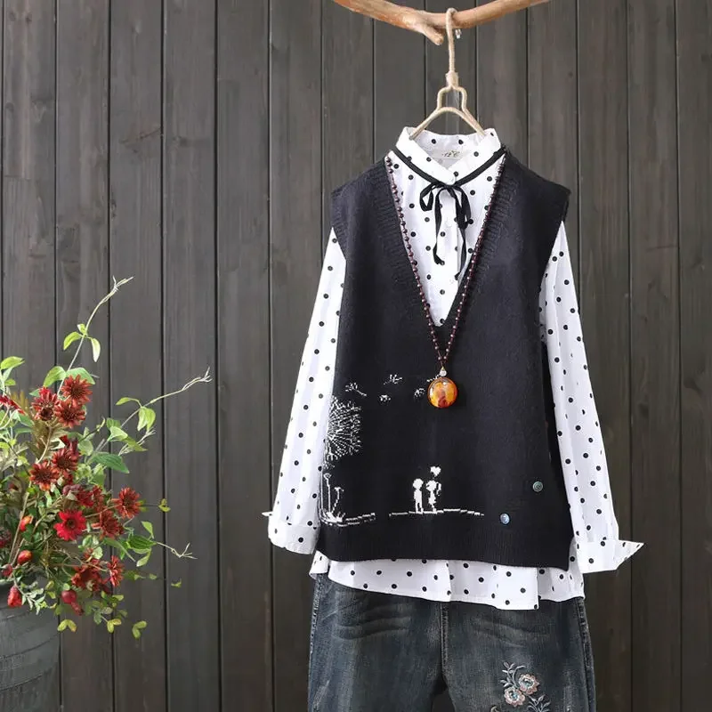 Fashion Embroidery V-neck Knitted Sweater Vest Female Literary Fan Loose Sleeveless Cartoon Pattern Sweater Vest Women Spring