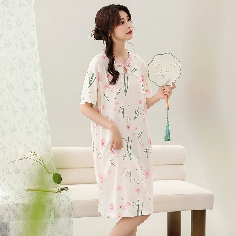 2024 Summer Chinese Style Short Sleeve Lyocell Print Nightgowns for Women Cute Girl Sleepwear Night Dress Nightdress Home Nighty