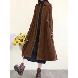 Women's Fashion Corduroy Trench Coat New Spring Autumn Winter Windbreaker Outerwear Single Breasted Buckle Casual Length Coat
