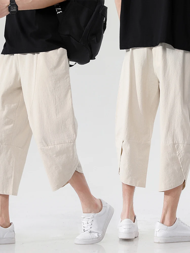 

Новые летние мужские легкие свободные брюки прямого кроя из хлопка и льна для спорта и пляжа, повседневные, с эластичным поясом, укороченные, прямого кроя