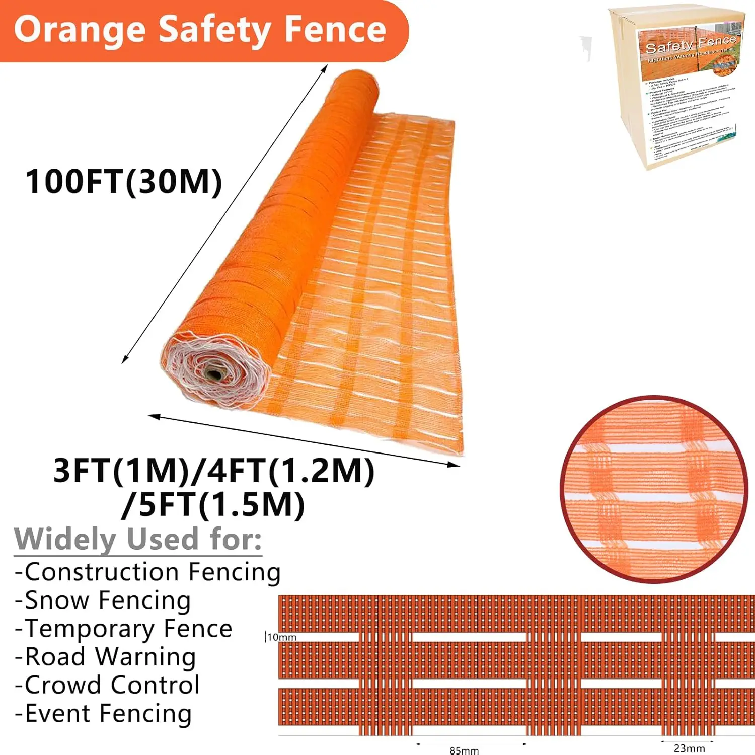 Construction, Event, Road Warning Use, Orange Plastic Mesh, 4'x100' Safety Fence, Ideal for Temporary Fencing and Crowd Control