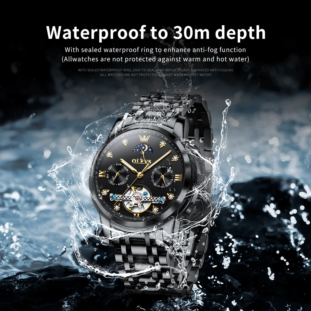 OELVS 6678 Men's Watches Luxury Original Automatic Mechanical Tourbillon Watch for Man Waterproof Luminous Date Week Moon Phase image 2