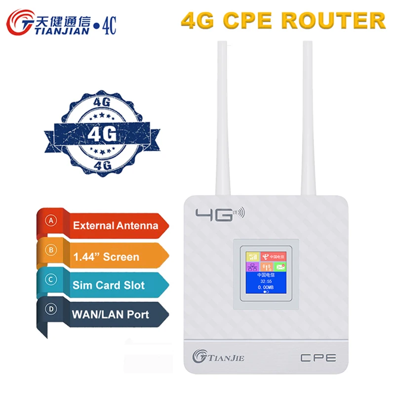 TIANJIE 150Mbps 4G Wifi Router Odblokowana karta SIM Modem bezprzewodowy Antena zewnętrzna Hotspot WAN LAN Adapter szerokopasmowy do kamery IP