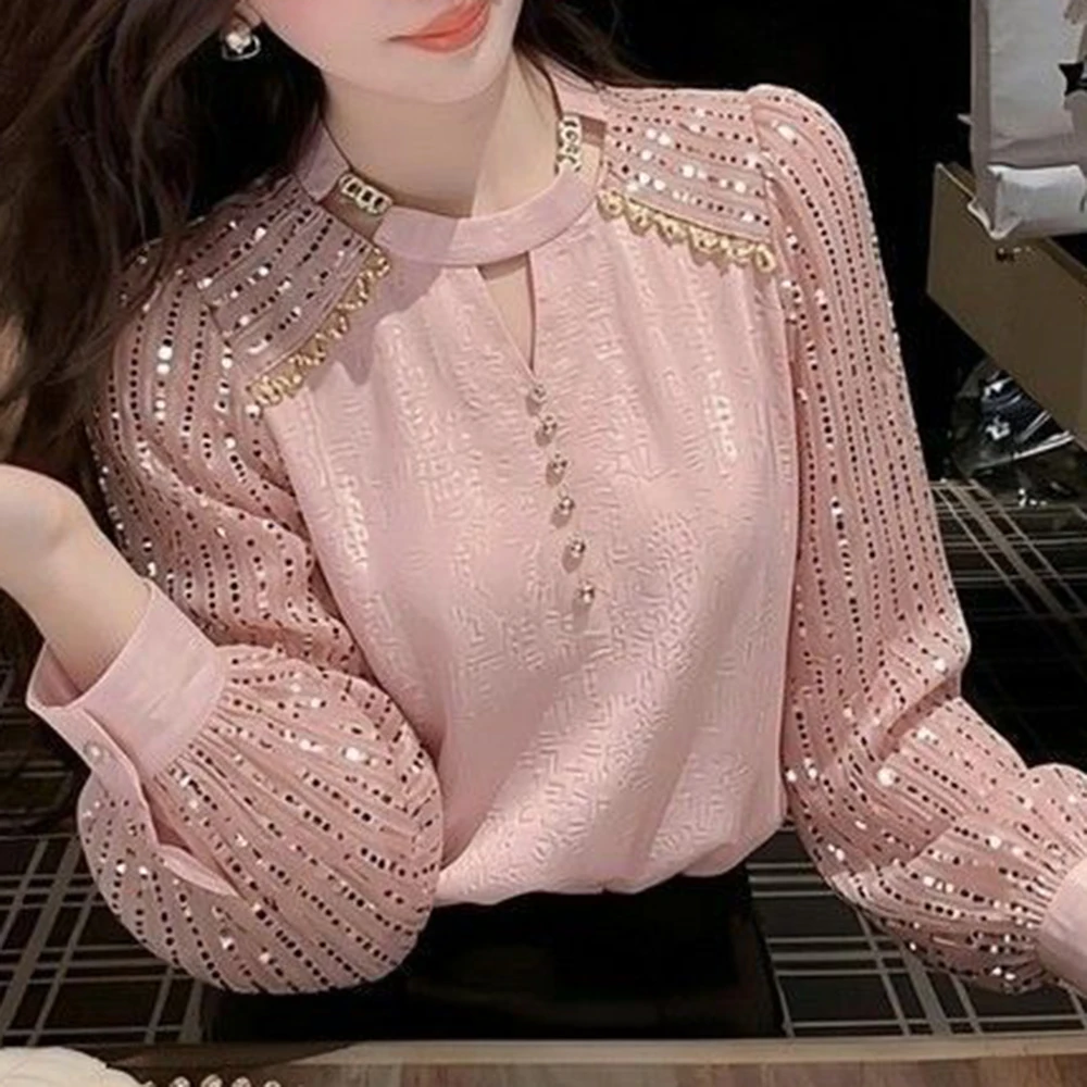 

High-end fashion design sense, chic pink shiny and thin, versatile light and ripe top, spring and spring big-name thin top