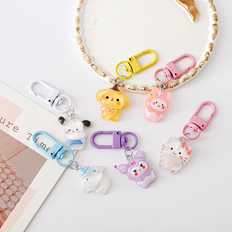 Sanrio Anime Hello Kitty Transparent Fine Flashing Keychain Cartoon Cinnamon Dog Kuromi Melody Bag Pendant Cute Key Accessories