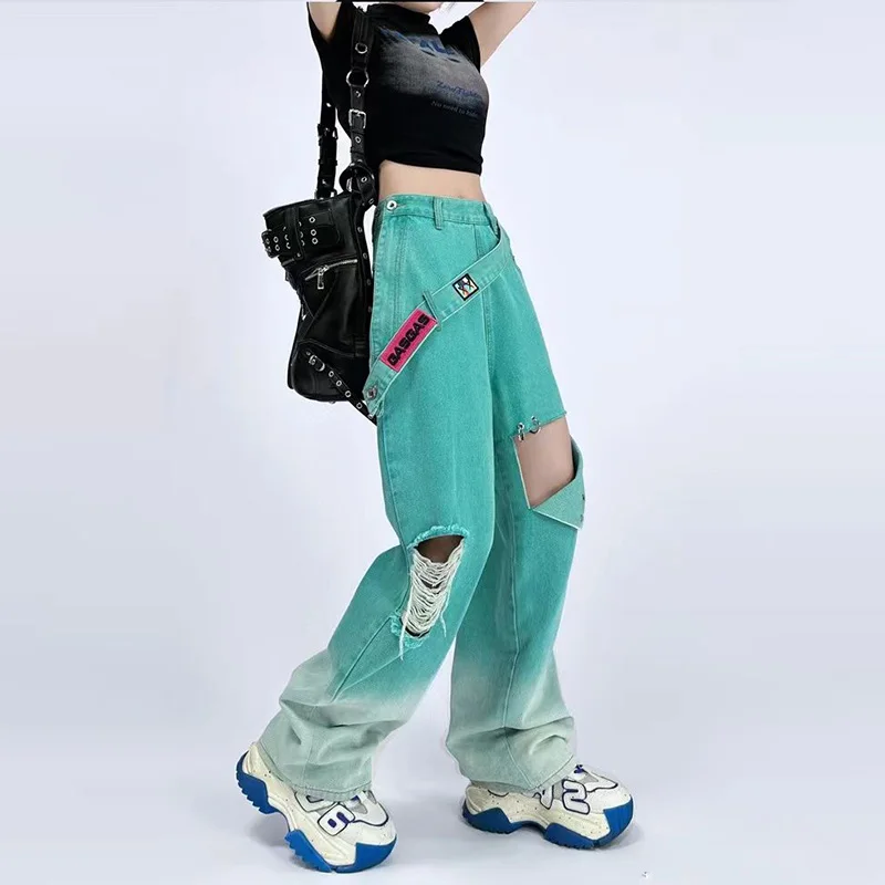 American Style Vintage zerrissen y2k Baggy Jeans Frauen Streetwear Freizeit hose heißes Mädchen hohe Taille Frauen Seite Knopf Hose