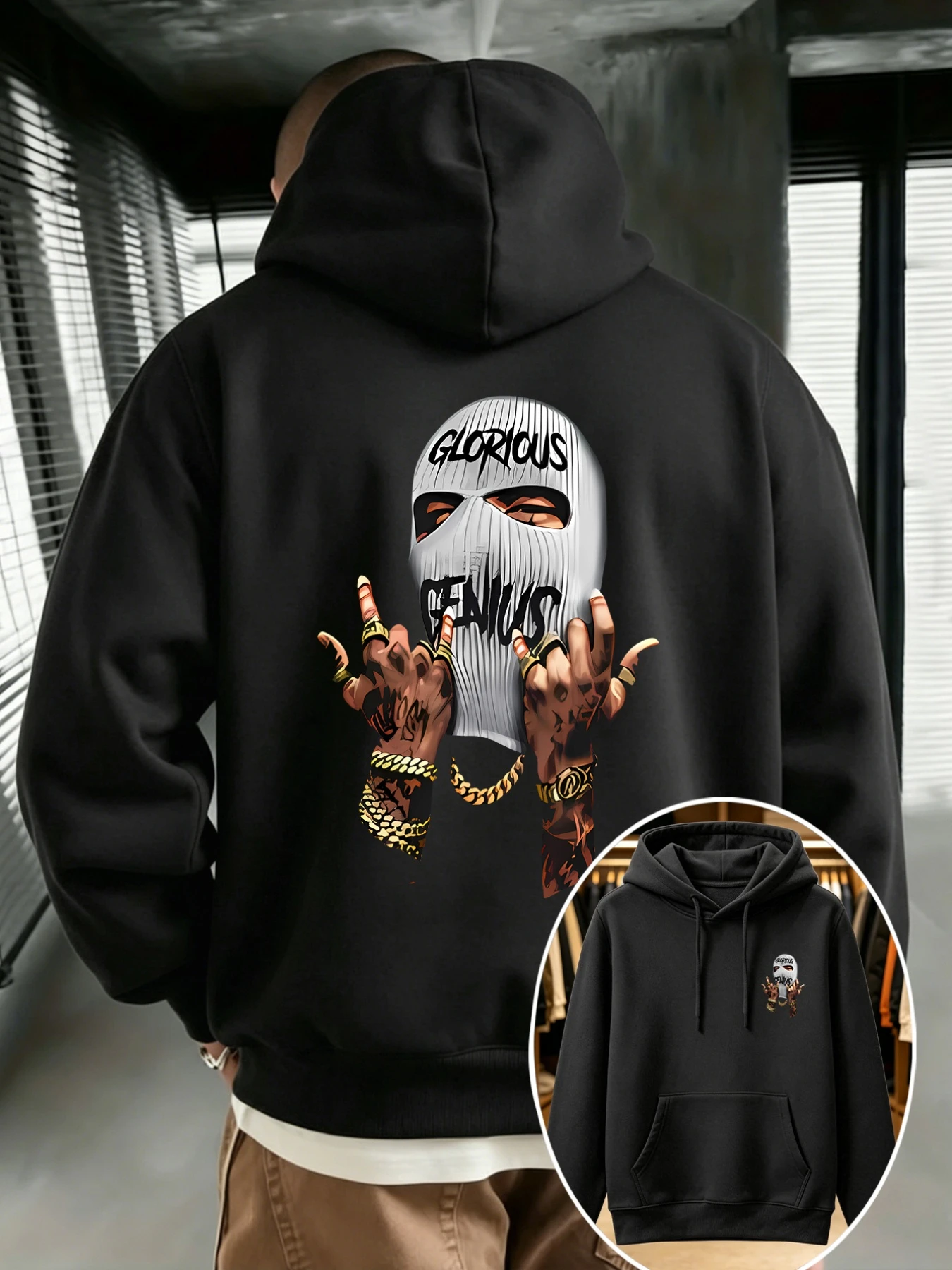 Men's Hip-Hop Hooded Sweatshirt with Dreadlock Mask Graphic Print & Kangaroo Pocket - Double-Sided Suitable for Casual