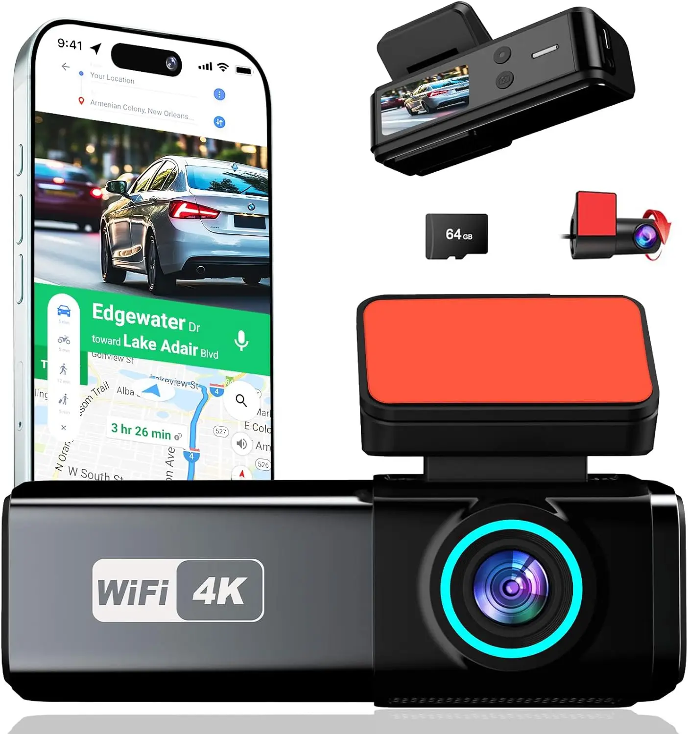 

4K Dual Camera for Cars with 64GB, 5.8GHz WiFi, 360° Rear Camera, App Control, Night Vision, Loop Recording