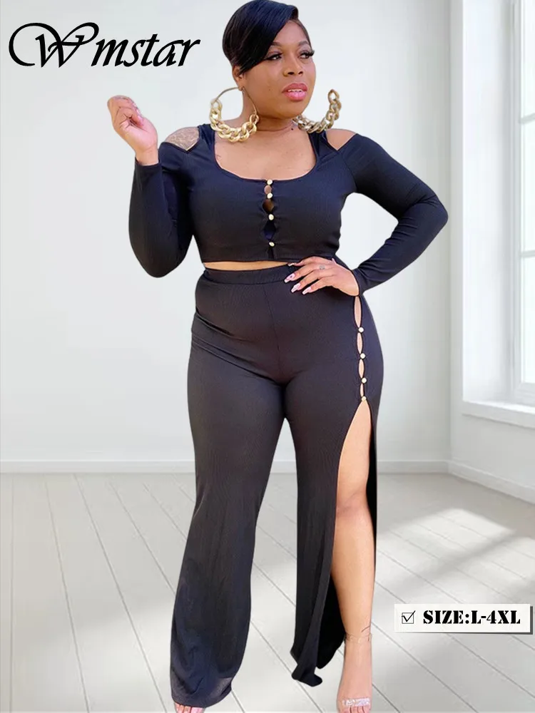 Wmstar Plus Size Two Piece Outfits Women Fall Clothing Solid Top and Pants Flared Slip Hem Matching Set Wholesale Dropshipping