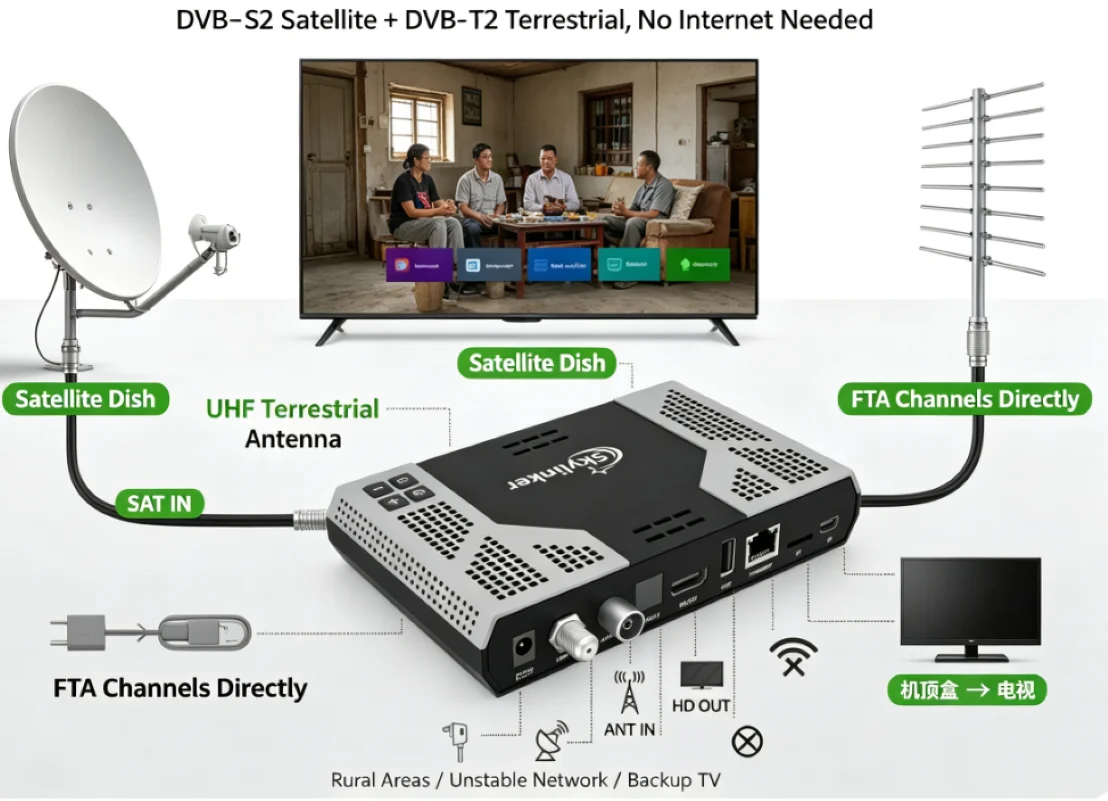2026 Skylinker Z8 Plus Гибридный Android OTT+ DVB-S2+DVB-T2 HD 4K ТВ-бокс FTA с поддержкой H265, 2+16 ГБ, спутниковый ресивер DVB-S2, 3 сигнала