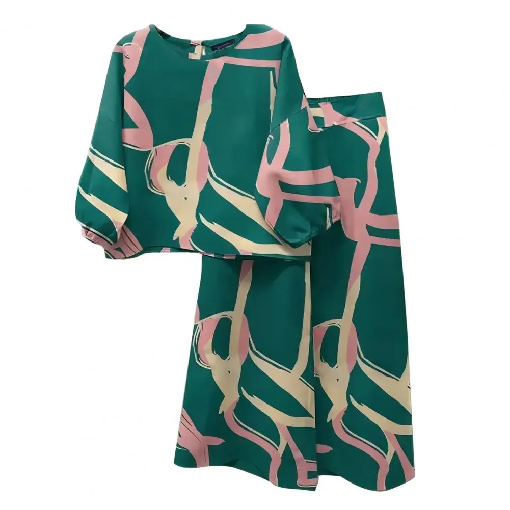 2025 Set da donna in due pezzi Camicetta vintage Pantaloni a gamba larga Set di abiti da donna con motivo floreale bohémien con camicetta a maniche a 3/4 per Wor