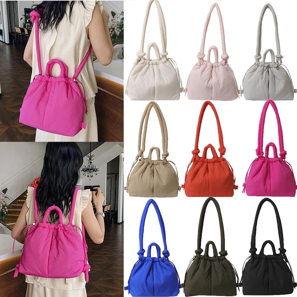 Hot New Nylon Filled Cotton Bag Shoulder Bag Portable Knotted Strap Solid Backpack Crossbody Bag Casual Large Capacity Women