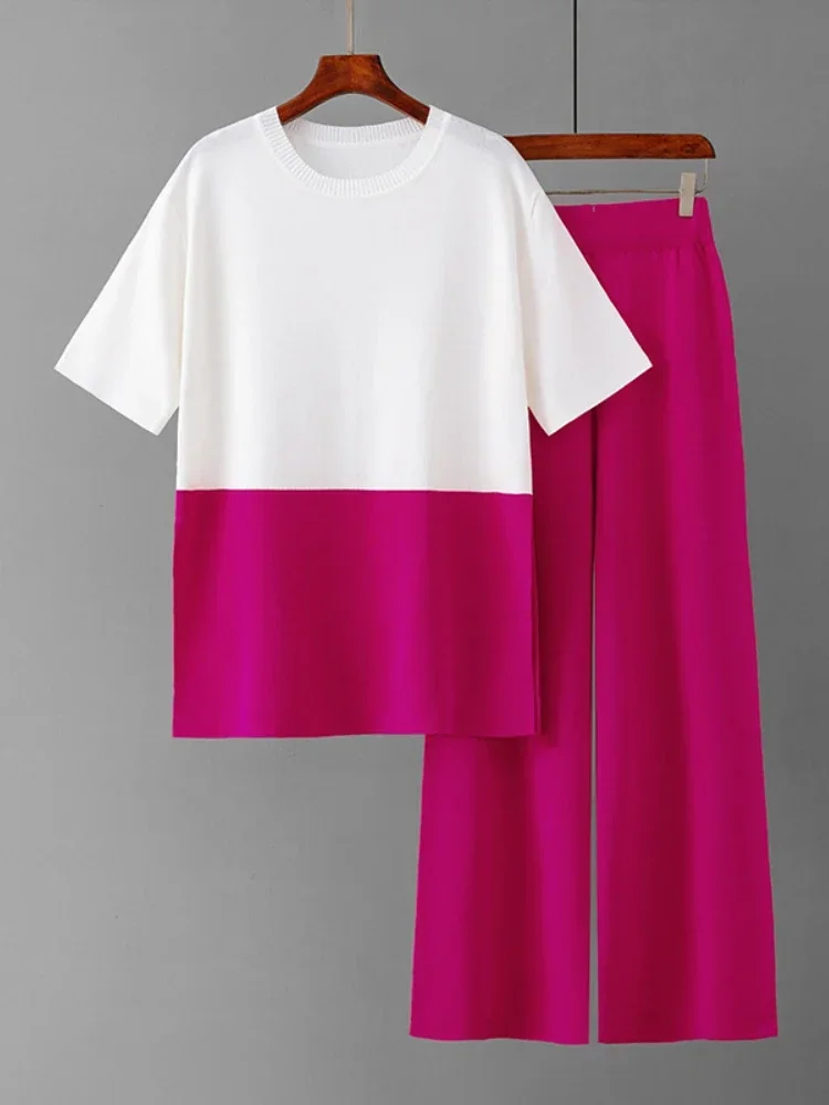 

Комплект брюк для отдыха, женские летние свободные тонкие цветные брюки большого размера с короткими рукавами и широкими штанинами, комплекты из двух предметов, женские наряды JJ357