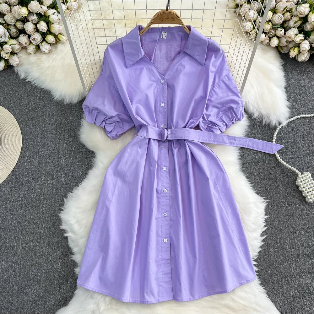 ssTss 夏の女性のシャツドレス無地ポロ襟半袖弾性ウエストシングルブレスト A ラインカジュアル女性ドレス