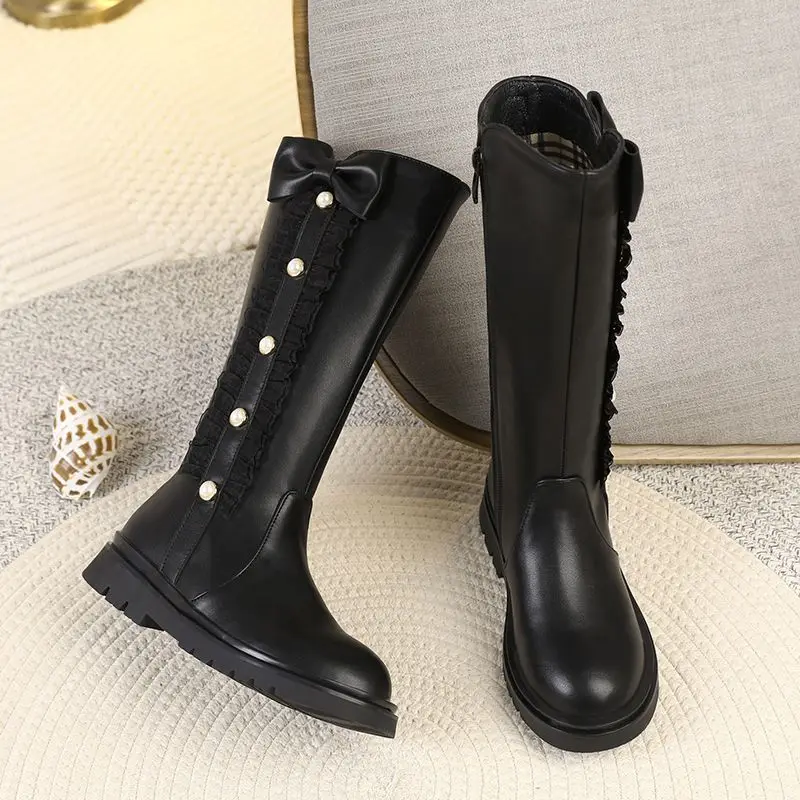 أحذية SIMLOVEYO النسائية الجديدة لمنتصف العجل فارس بمقدمة مستديرة وعقدة على شكل فراشة مقاس صغير 31 32 33 شتاء جانبي