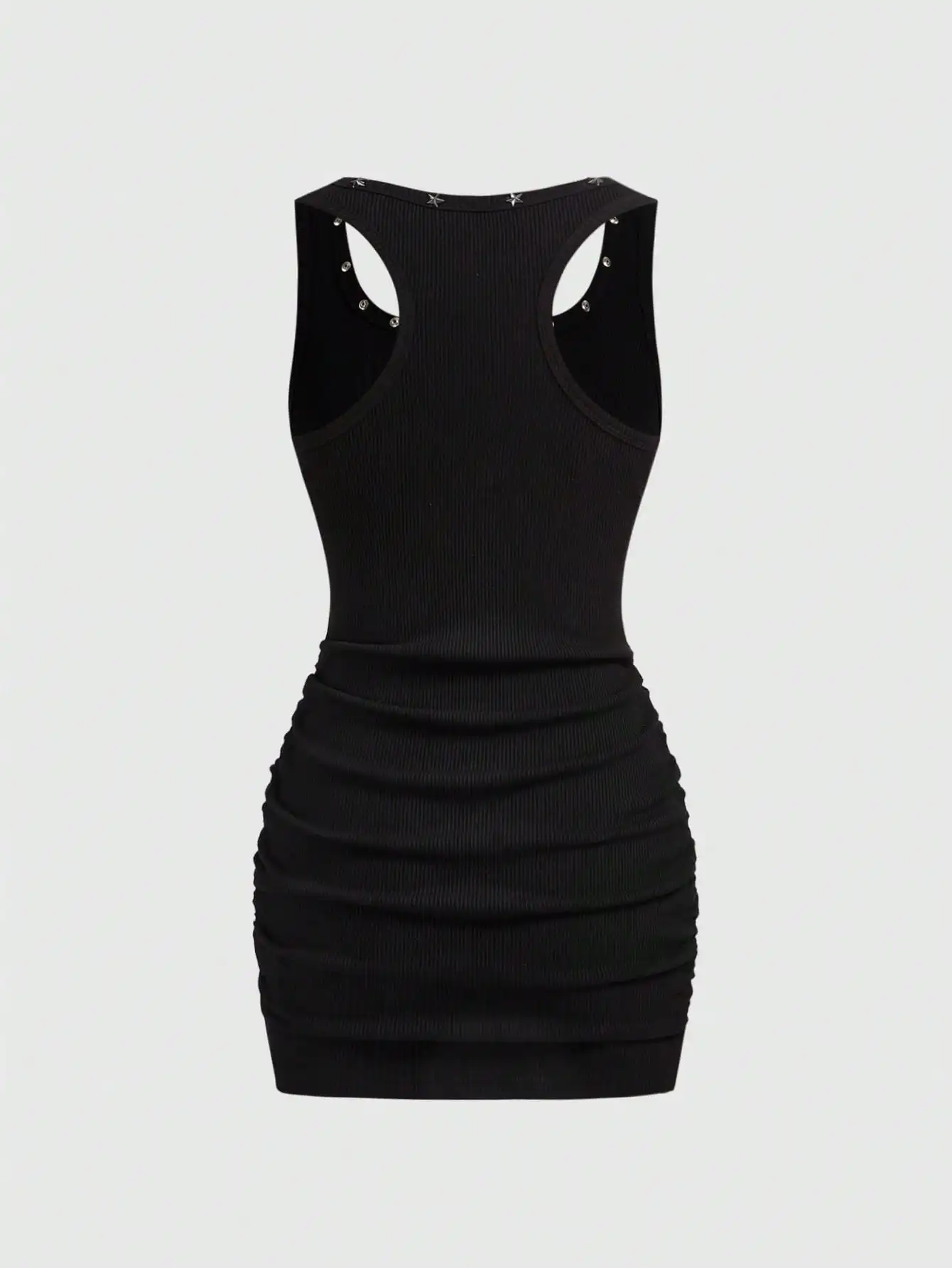 Zwarte geribbelde bodycon tankjurk met kosmische oogprint en stervormige rivets