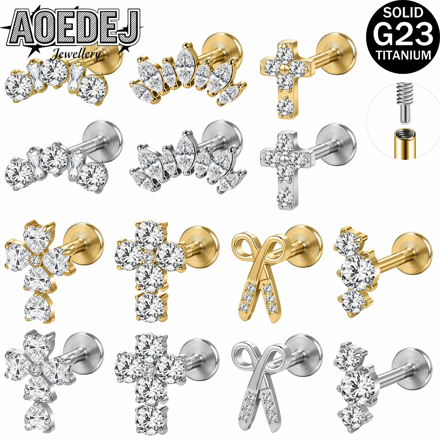 AOEDEJ 1 PC/1 Pair 16G ASTM F136 Titanium Labret Lip Studs Women CZ Crystal Stud Earrings Scissors Shiny Helix Piercings Jewelry