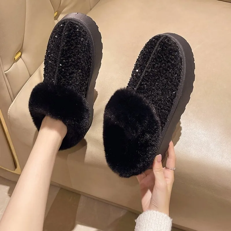 Women's Mules Round Toe Flat Platform Sole Slip-On Fuzzy Collar Sequin Upper Glitter Finish Casual Footwear Cozy Choice Stock