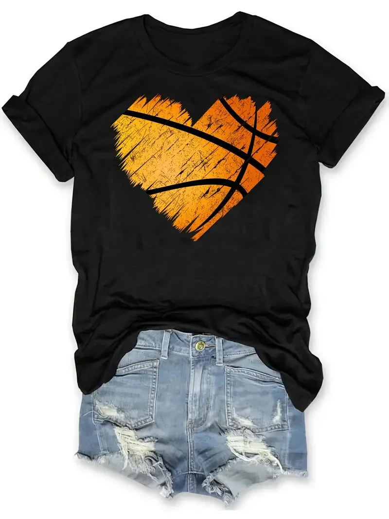 Basketball Heart Valentine Day For Women's Basketball Valentine's Day Premium T-shirt I Love Blue Ball Heart Round Neck Top