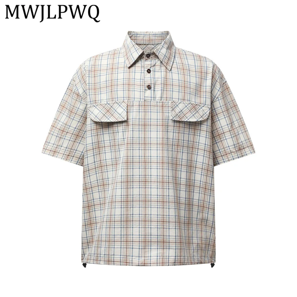 

MWJLPWQ American-Style Plaid Short-Sleeve Shirts For Men Summer Workwear Vibe Versatile Half-Button Pullover Tops Trendy 15384