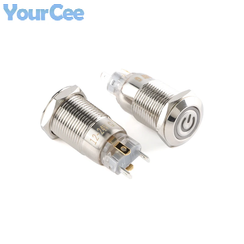 12mm Metal Pushbutton Switch 12v 24v Light Switch Self reset Locking Waterproof IP65 Button Ring Power symbol Momentary GQ12 2P